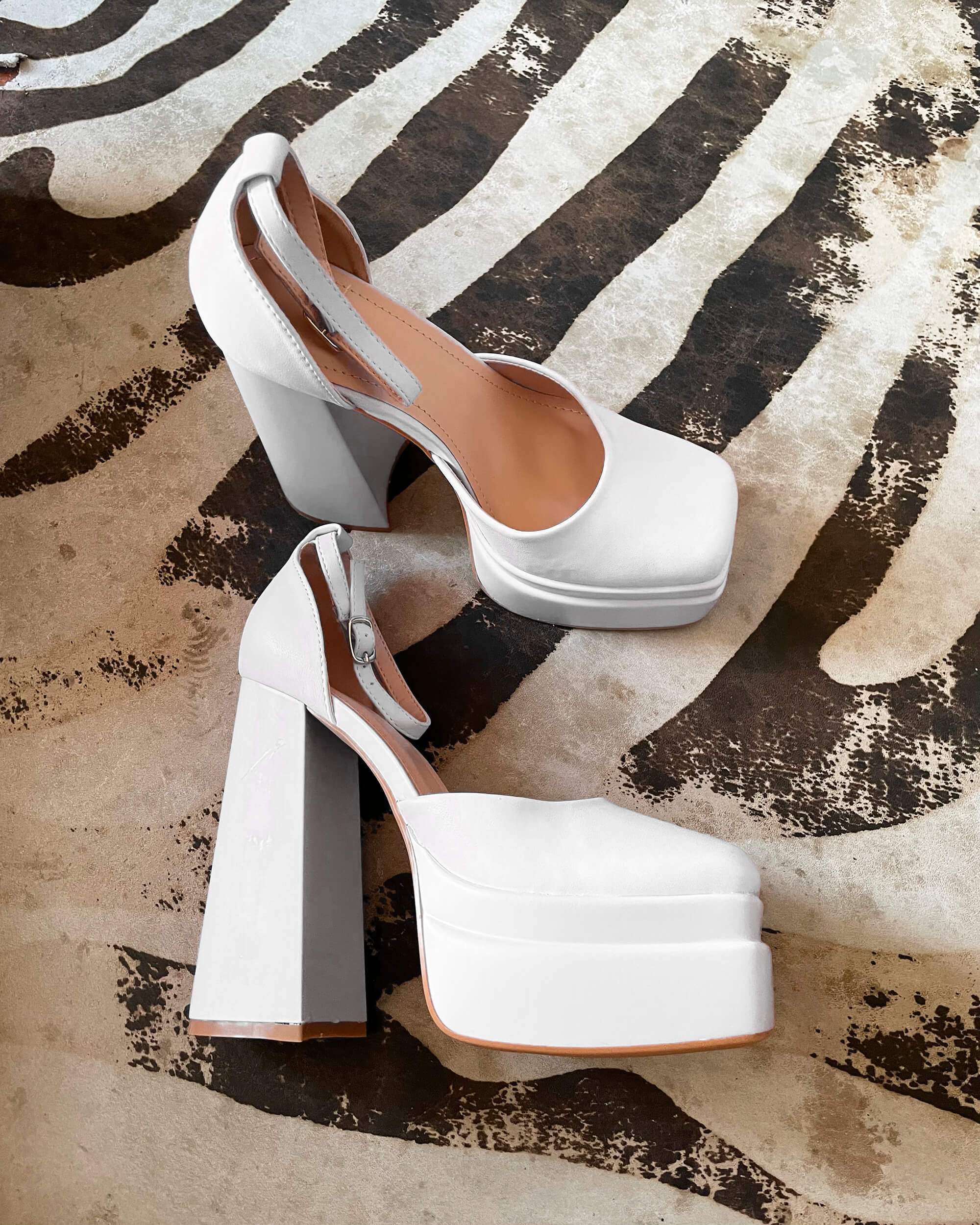 Scarpe Bianche con Tacco e Plateau in Pelle Intrecciata Donna - Giòben