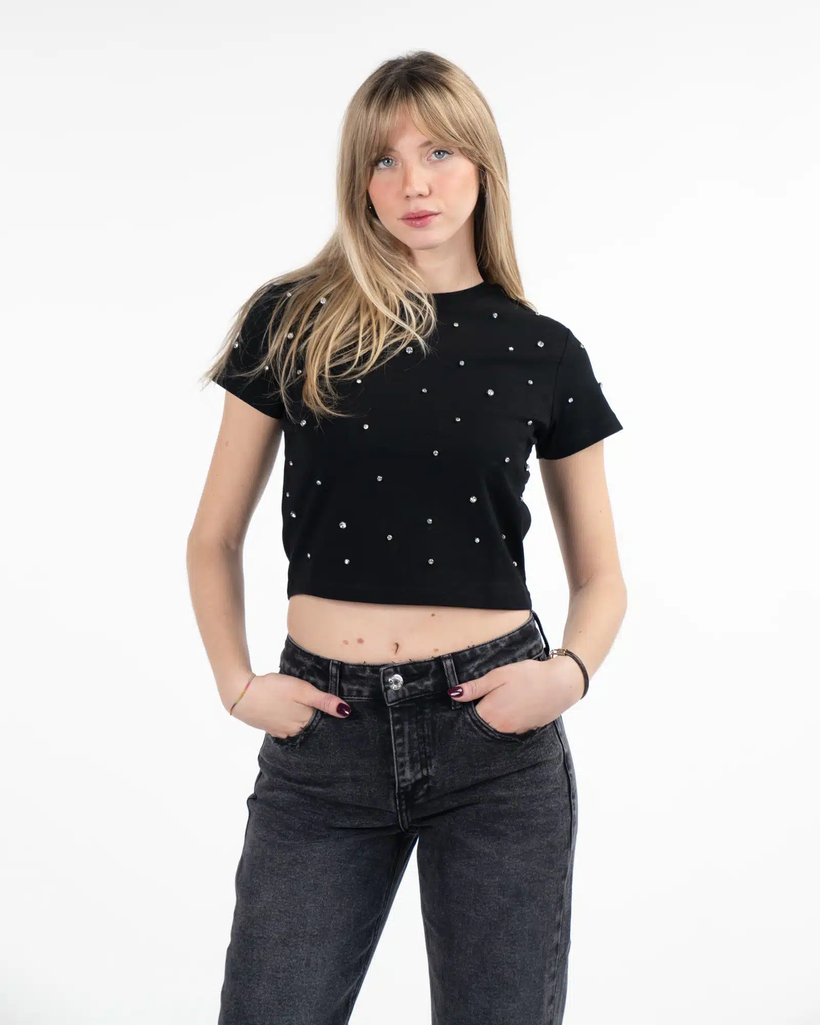 Disclaimer T-shirt donna con logo strass nero main image 0