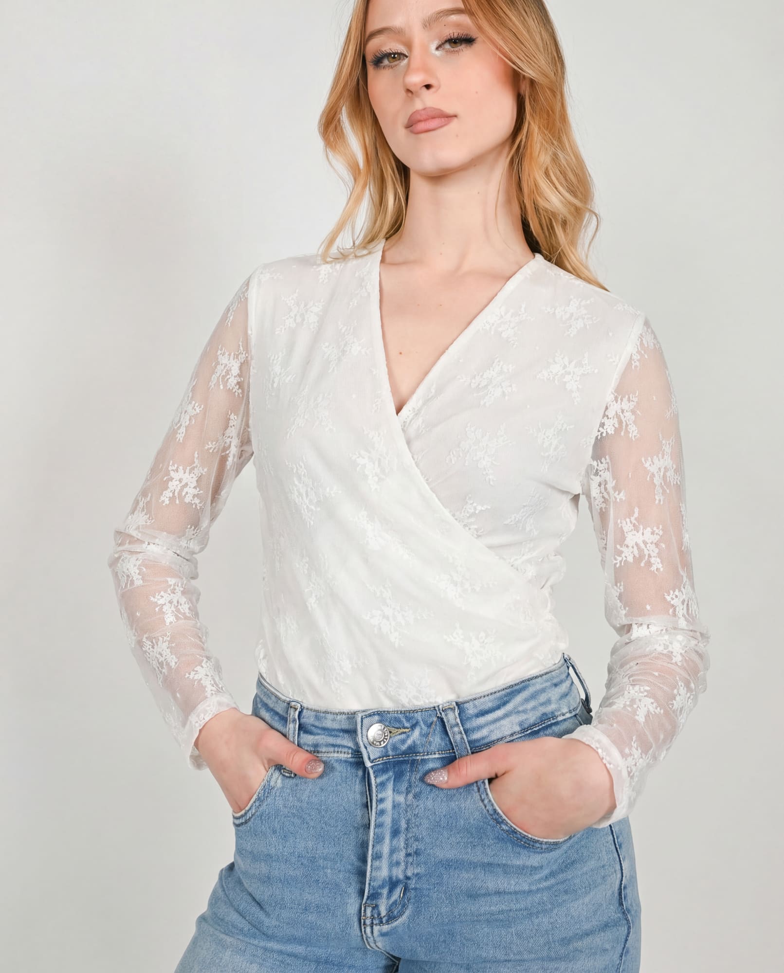 Maglia intrecciata in pizzo - bianco