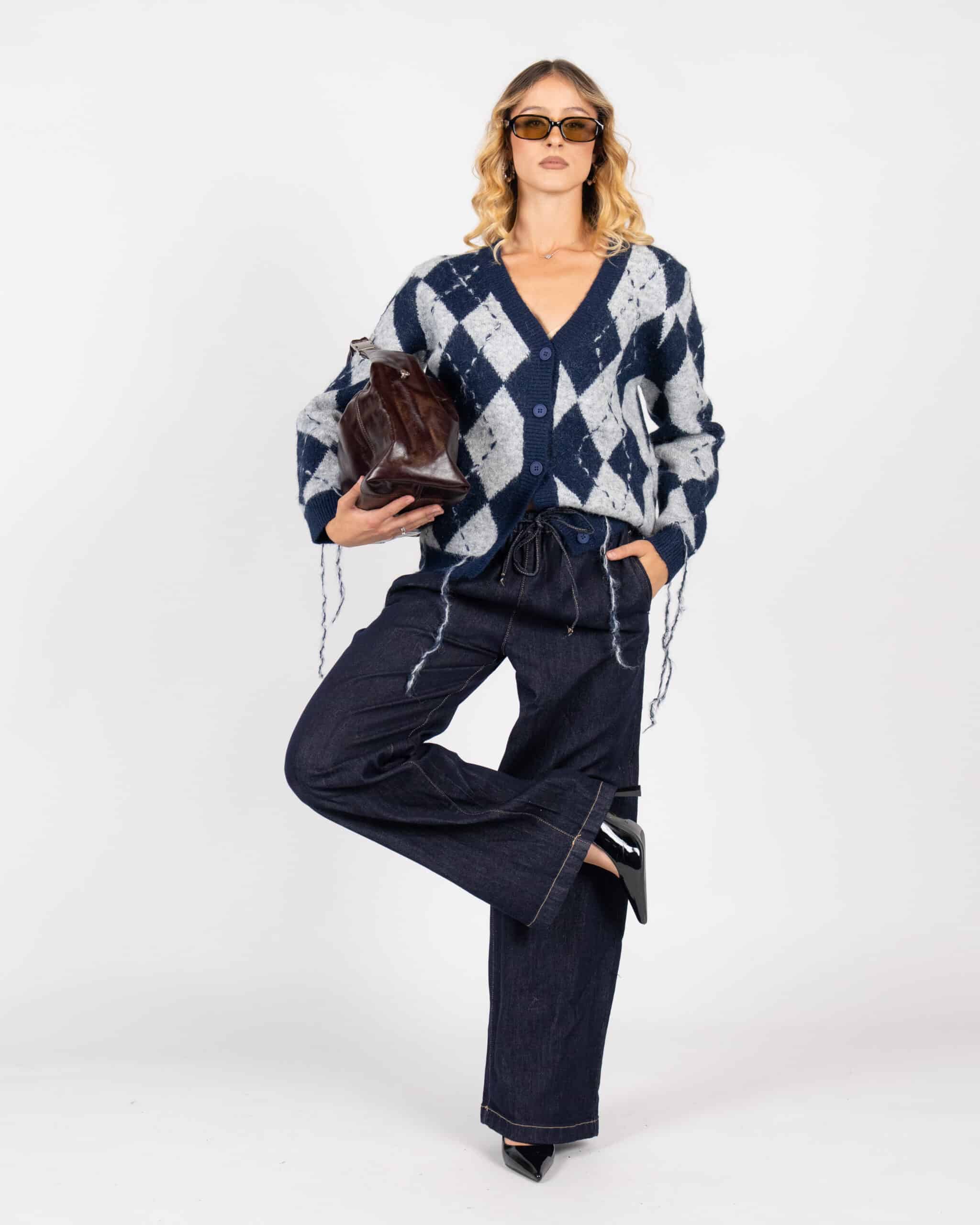 Cardigan con scollo a V a rombi con frange