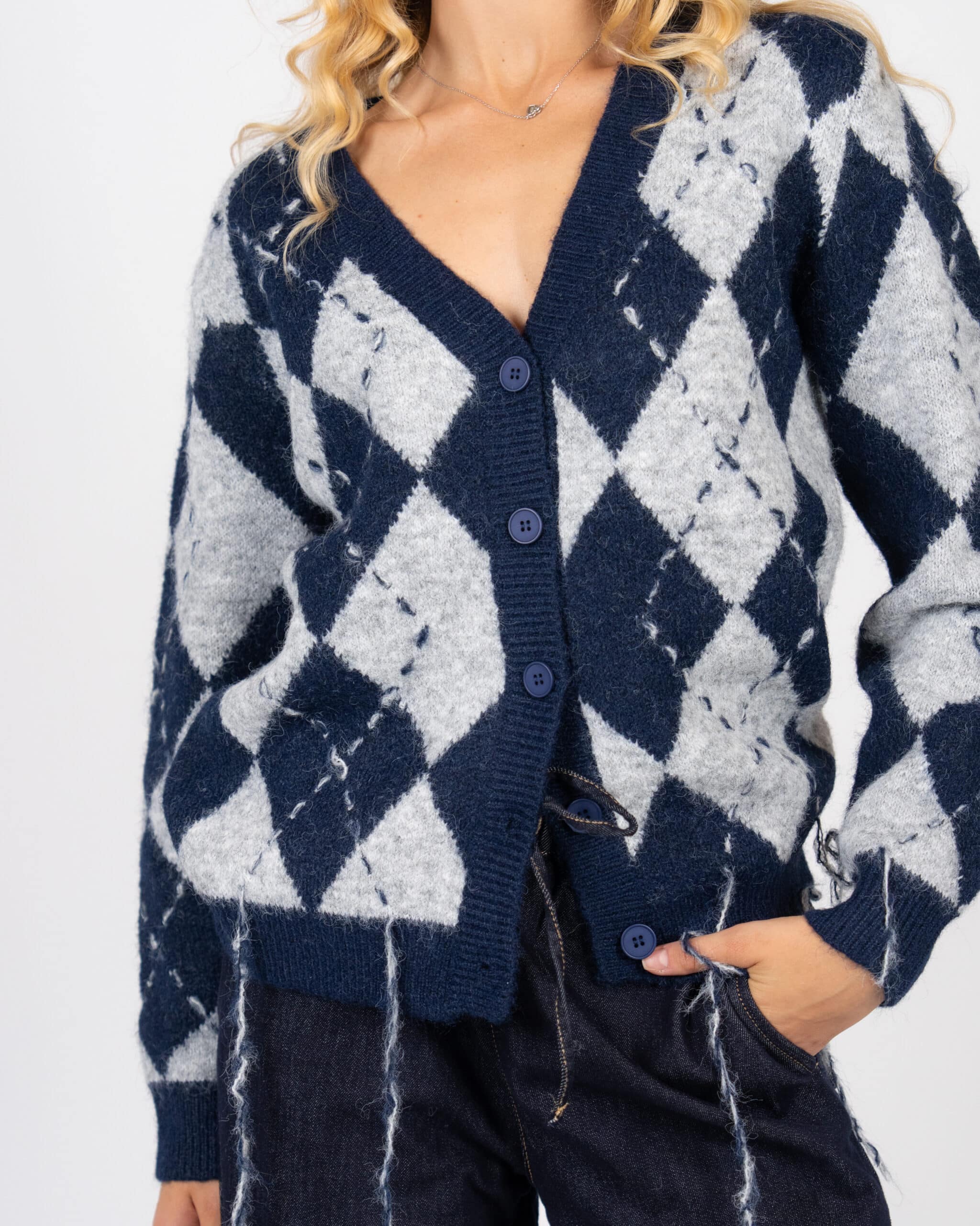 Cardigan con scollo a V a rombi con frange
